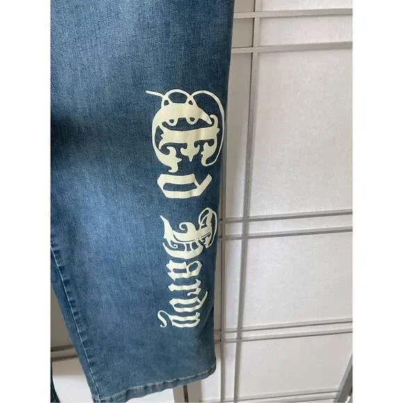 ED HARDY HIGH RISE WIDE LEG EAGLE EMBROIDERED JEANS SZ 34
